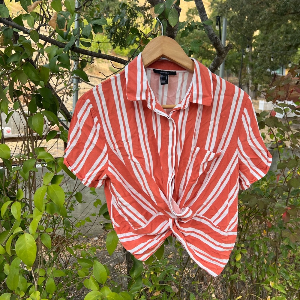 Forever 21 Coral and White Striped Button Down Shirt